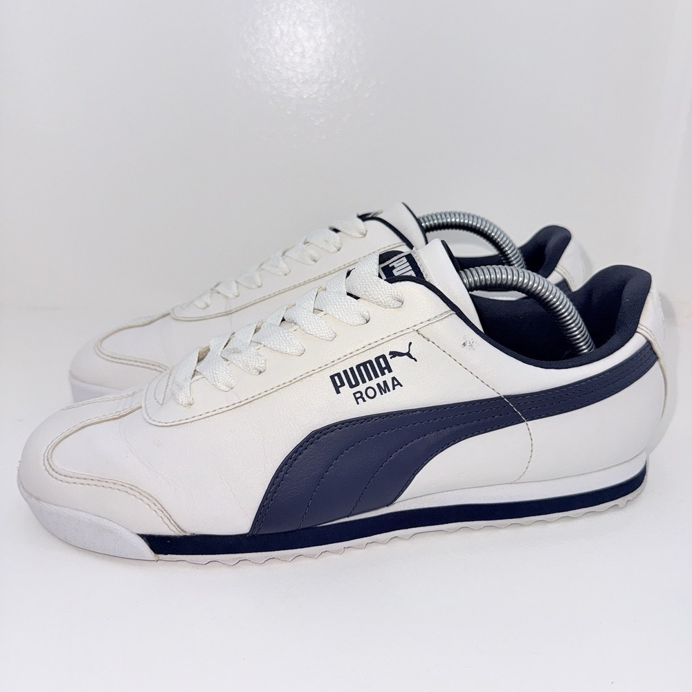 PUMA Roma Basic Mens Size 9 White Navy Blue Leather Retro Casual Sneakers